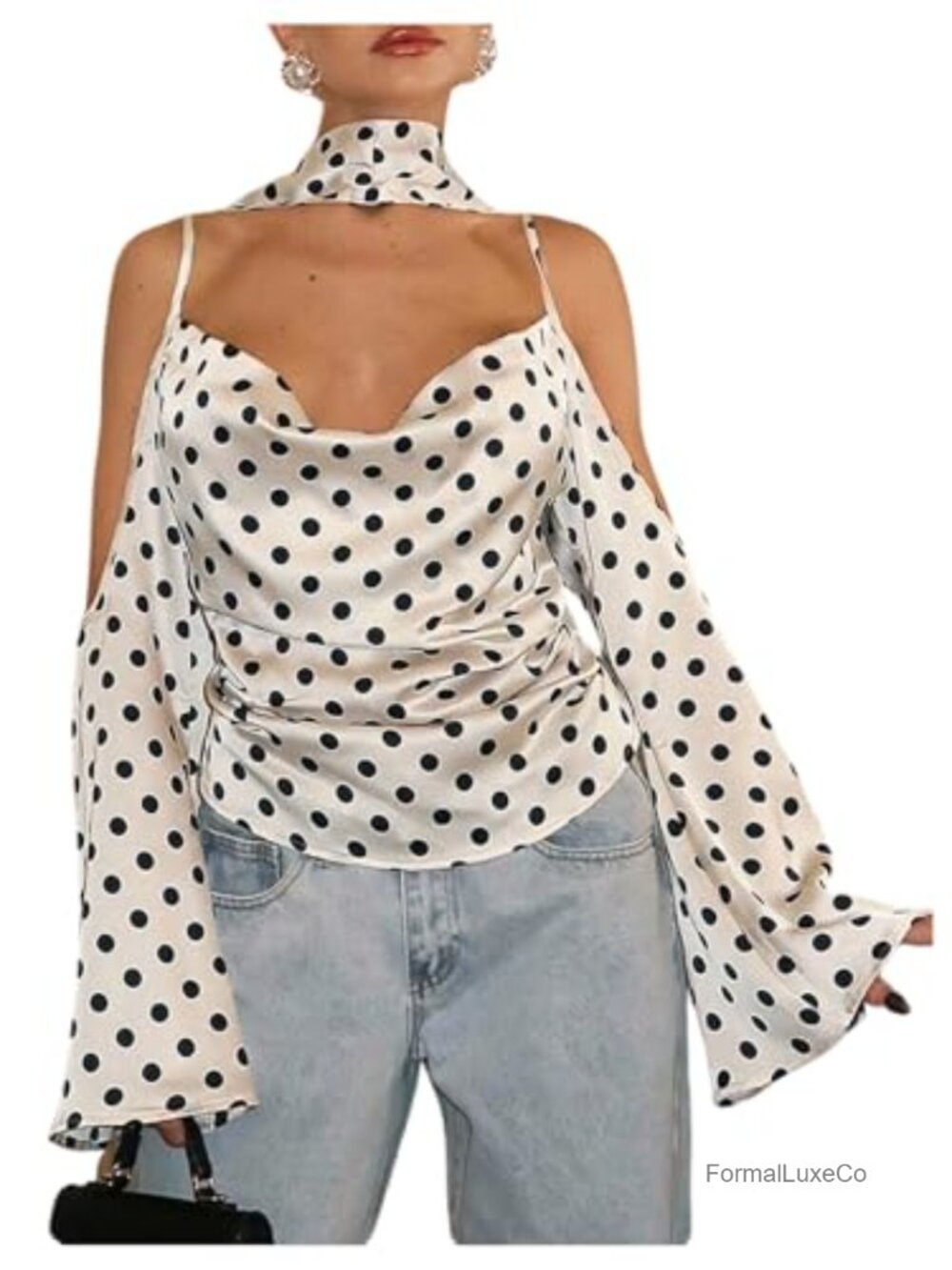 Elegant Polka Dot Cold Shoulder Satin Blouse with Scarf Long Sleeve